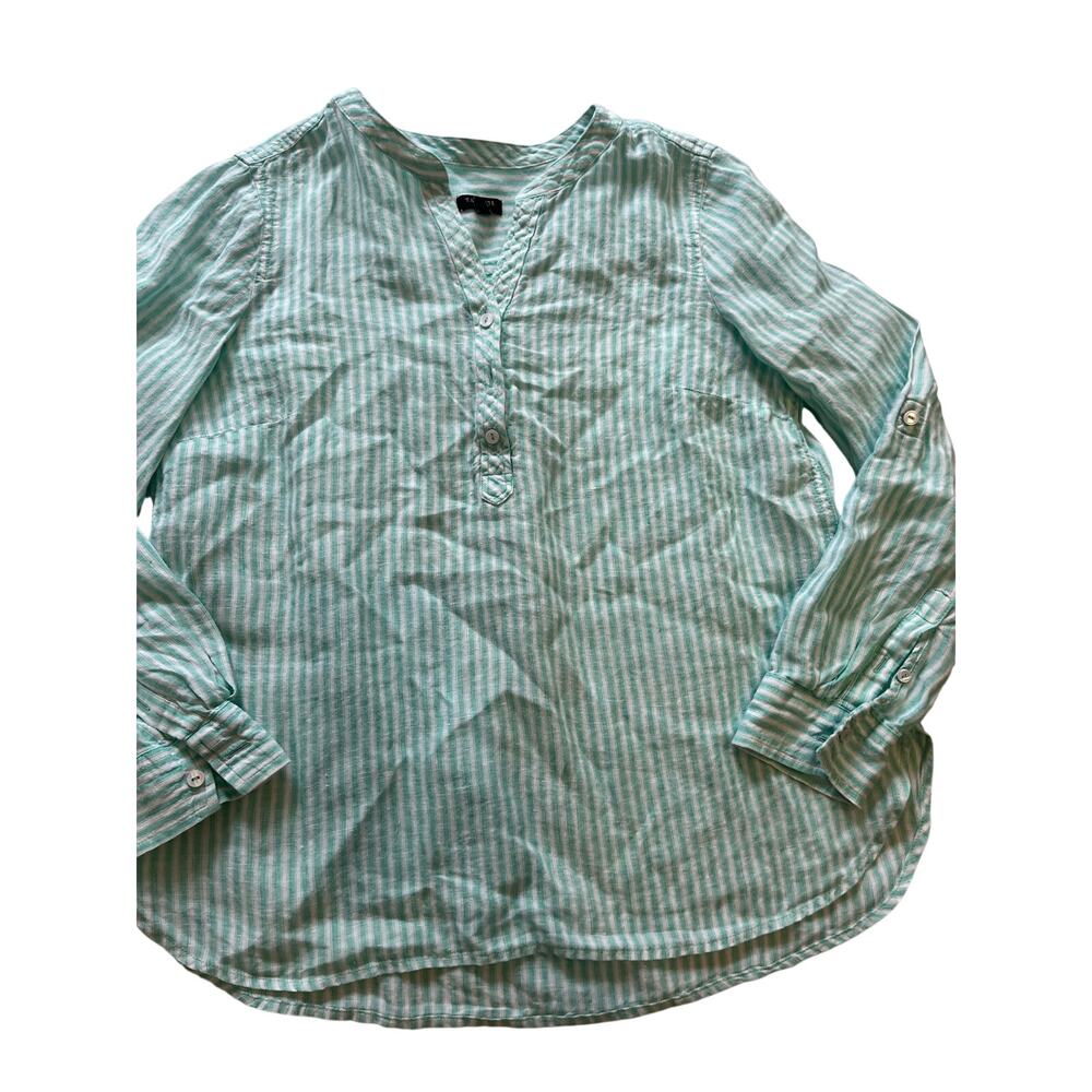 Talbots Linen Popover Blouse MP Medium Petite Mint Green White Stripe Roll Tab